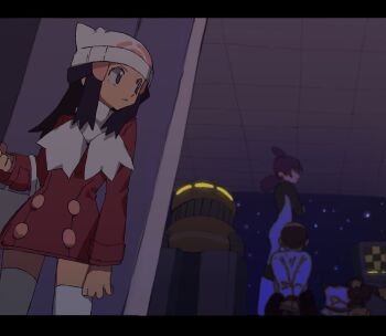 2girls beanie black_hair boots coat dark dawn_(pokemon) hair_ornament hairclip hat holding in-universe_location jupiter_(pokemon) long_hair multiple_girls nintendo poke_ball pokemon pokemon_dppt pokemon_platinum red_coat scarf scene_reference shichibee_(stm_mimi) skirt standing team_galactic thighhighs white_hat white_thighhighs