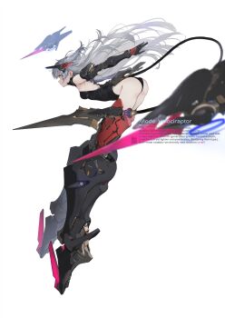 Rule 34 | 1girl, absurdres, akefumi, artist name, black leotard, blurry, blurry foreground, breasts, commentary request, english text, floating hair, from side, full body, grey hair, highres, leaning forward, leotard, long hair, looking ahead, mechanical arms, mechanical legs, mechanical tail, medium breasts, original, qr code, science fiction, simple background, solo, strapless, strapless leotard, tail, very long hair, white background, yellow eyes