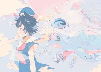 1girl 1other air_bubble black_hair black_hat black_shirt blue_background blue_neckerchief blue_streaks bottle breasts bubble closed_mouth cloud commentary_request corked_bottle fish hair_ears hat hat_ribbon highres jellyfish message_in_a_bottle multicolored_hair neckerchief original out_of_frame pastel_colors pink_neckerchief pink_streaks profile ribbon ryokuno_green sailor_collar shirt short_hair short_sleeves streaked_hair turtle two-tone_neckerchief upper_body white_sailor_collar yellow_ribbon