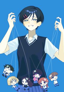 2boys 5girls absurdres black_hair black_sweater_vest blonde_hair blue_background blue_hair blue_pants blue_skirt bowl braid breasts brown_hair chibi chopsticks collared_shirt commentary dark_blue_hair dress_shirt eating fujii_ayame futsuu_no_keion-bu grey_eyes grin hair_ornament hairpin hands_up hanging highres holding holding_bowl holding_chopsticks holding_string jacket kouyama_rin long_hair mizuo_haruichi mmmygp mole mole_under_eye multiple_boys multiple_girls nitta_tamaki oomichi_yuuki pants pink_eyes pink_hair pink_jacket pixie_cut pleated_skirt sanpaku shirt short_hair short_sleeves skirt small_breasts smile string sweater_vest swept_bangs takami_kouki twin_braids uchida_momo upper_body white_shirt yellow_eyes