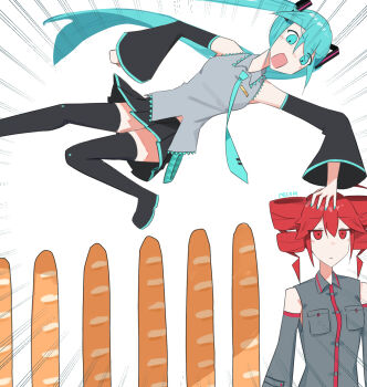 2girls artist_name baguette black_boots black_skirt black_sleeves blue_eyes blue_hair blue_necktie boots bread collared_shirt commentary detached_sleeves drill_hair emphasis_lines english_commentary everyone_get_in_the_car_(meme) food grey_shirt grey_sleeves hatsune_miku highres jojo_no_kimyou_na_bouken jumping kasane_teto kasane_teto_(utau) long_hair long_sleeves medium_hair melomdesu meme miniskirt multiple_girls necktie open_mouth pleated_skirt red_eyes red_hair shirt skirt stardust_crusaders thigh_boots thighhighs twin_drills twintails utau very_long_hair vocaloid wide_sleeves zettai_ryouiki