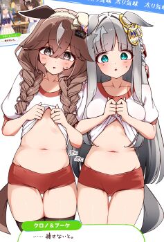 2girls absurdres alternate_costume animal_ears blue_eyes blush braid breasts buruma chrono_genesis_(umamusume) commentary_request curren_bouquetd'or_(umamusume) grey_hair gym_uniform hair_between_eyes hair_ornament highres horse_ears horse_girl long_hair looking_at_viewer multiple_girls open_mouth ponta_(1859ysmssstsp) scene_reference translation_request twin_braids umamusume white_background