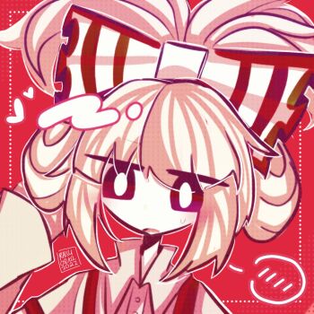 alternate_hairstyle bow bright_pupils buttons cinnamiku_hairstyle cinnamoroll collared_shirt colored_skin cosplay double_bun fujiwara_no_mokou fujiwara_no_mokou_(cosplay) furrowed_brow fuwa_fuwa_cinnamoroll hair_bow hair_bun hair_ornament hair_over_eyes hair_up hand_on_own_back hand_on_own_head hand_up heart highres imperishable_night looking_down open_mouth pink_hair profile_picture raisutea red_background red_eyes red_suspenders sanrio shirt sidelocks signature simple_background spoken_blush suspenders sweatdrop touhou white_hair white_pupils white_shirt white_skin