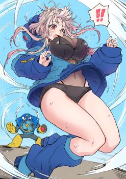 ! !! 1girl air_man android breasts character_hood cosplay electric_fan highres indie_virtual_youtuber jyaco large_breasts mega_man_(character) mega_man_(character)_(cosplay) mega_man_(classic) mega_man_(series) mega_man_2 red_eyes robot speech_bubble spoken_exclamation_mark suou_patra suou_patra_(11th_costume) surprised virtual_youtuber white_hair