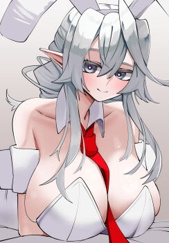 1girl absurdres bare_shoulders breasts brown_background closed_mouth collarbone cotan_(actancyaga) duel_monster gradient_background grey_eyes grey_hair highres lady_labrynth_of_the_silver_castle_(alternate_art) large_breasts leotard lovely_labrynth_of_the_silver_castle medium_hair necktie official_alternate_hairstyle playboy_bunny red_necktie simple_background smile solo strapless strapless_leotard upper_body white_leotard yu-gi-oh!