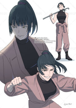 Rule 34 | black boots, black tank top, blunt bangs, boots, broad shoulders, brown robe, clothes around waist, commentary request, grin, holding, holding lead pipe, jujutsu kaisen, lead pipe, medium hair, over shoulder, ponytail, robe, scuffed, signature, sleeveless, smile, tank top, turtleneck, upper body, weapon, weapon over shoulder, yuto (yut0x0), zen'in maki