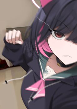 1girl :3 absurdres black_choker black_hair black_hoodie blue_archive choker clenched_hand close-up colored_inner_hair commentary drawstring green_sailor_collar hand_up highres hood hoodie incoming_attack incoming_punch indoors kazusa_(blue_archive) looking_at_viewer momocadraw motion_blur multicolored_hair neckerchief photo-referenced pink_hair pink_neckerchief punching red_eyes sailor_collar school_uniform short_hair solo two-tone_hair