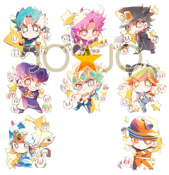 1girl 6+boys battle_tendency beanie blonde_hair blue_hair caesar_anthonio_zeppeli chibi diamond_wa_kudakenai diego_brando dixie_cup_hat emporio_alnino erina_pendleton ermes_costello family foo_fighters_(jojo) giorno_giovanna green_hair gyro_zeppeli hat higashikata_daiya higashikata_joshu higashikata_josuke higashikata_josuke_(jojolion) hirose_koichi hirose_yasuho horseshoe hot_pants_(sbr) jean_pierre_polnareff johnny_joestar jojo_no_kimyou_na_bouken jojolion jonathan_joestar joseph_joestar joseph_joestar_(old) joseph_joestar_(young) kakyoin_noriaki kawajiri_hayato kishibe_rohan kuujou_jolyne kuujou_joutarou lisa_lisa loggins_(jojo) messina_(jojo) military_hat mohammed_avdol multiple_boys narciso_anasui nijimura_okuyasu phantom_blood purple_hair robert_e._o._speedwagon senzzang star-shaped_pupils star_(symbol) stardust_crusaders steel_ball_run stone_ocean sugimoto_reimi suzi_q symbol-shaped_pupils tonio_trussardi vento_aureo weather_report will_anthonio_zeppeli