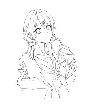 1girl cardigan closed_mouth commentary drink_carton drinking_straw greyscale hair_ornament hair_scrunchie hasu_no_sora_school_uniform highres holding holding_milk_carton link!_like!_love_live! long_hair long_sleeves love_live! low_twintails milk_carton mole mole_on_neck monochrome murano_sayaka murano_sayaka_(downer-kei_gyaru) neckerchief off_shoulder open_cardigan open_clothes roku_aya_fuyu sailor_collar school_uniform scrunchie simple_background sketch solo twintails upper_body virtual_youtuber white_background