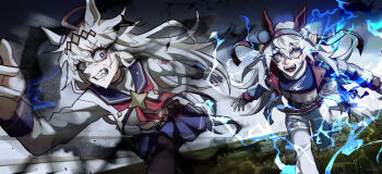 Rule 34 | 2girls, ahoge, anies only, animal ears, aura, belt, black pantyhose, blue eyes, blue hairband, blue jacket, blue sailor collar, blue skirt, blue sports bra, breasts, brooch, clenched teeth, commentary request, ear covers, ear ornament, electricity, fang, fingerless gloves, gloves, grey hair, grey tail, hair between eyes, hair ornament, hairband, headband, highres, horse ears, horse girl, horse tail, jacket, jewelry, lightning bolt print, lightning bolt symbol, long hair, long sleeves, midriff, multicolored hair, multicolored hairband, multiple girls, navel, neckerchief, oguri cap (starlight beat) (umamusume), oguri cap (umamusume), open mouth, pants, pantyhose, pleated skirt, red belt, red headband, red neckerchief, running, sailor collar, shirt, skirt, sports bra, star brooch, striped clothes, striped hairband, tail, tamamo cross (umamusume), tamamo cross (with lightning speed) (umamusume), teeth, two-tone hairband, umamusume, umamusume: cinderella gray, very long hair, white jacket, white pants, white shirt