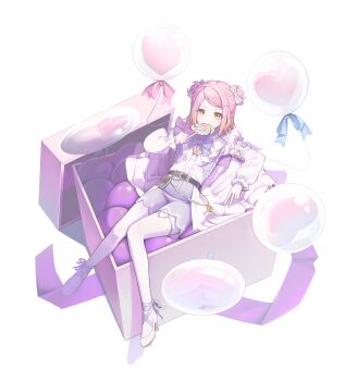 1girl absurdres balloon belt blue_bow blue_bowtie bow bowtie box brown_belt candy coat commentary commission d4dj dot_nose double_bun food frilled_shirt frills full_body hair_bun heart_balloon high-waist_shorts high_heels highres holding holding_food in_box in_container inuyose_shinobu lollipop long_sleeves looking_at_viewer pink_coat pink_hair pink_shoes purple_ribbon purple_shorts ribbon shirt shoes short_hair shorts simple_background solo sora_(men0105) v white_background white_shirt yellow_eyes