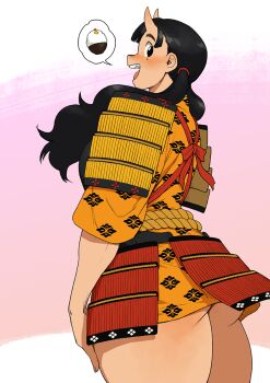 Rule 34 | 1girl, ass, black hair, bowl, broken tooth, chipped tooth, cowboy shot, dungeon meshi, horns, image in speech bubble, inutade, long hair, looking at viewer, mole, mole under eye, oni, pokkuti, profile, rice bowl, simple background, skin-covered horns, smile, solo, speech bubble, teeth, twintails, upper teeth only