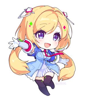 Rule 34 | 1girl, :d, aki rosenthal, aki rosenthal (1st costume), bbcurry013, black boots, blonde hair, blue jacket, blue shrug, boots, chibi, chibi only, collared dress, commentary, dress, elbow gloves, full body, gloves, headgear, hololive, jacket, long hair, low twintails, necktie, offering hand, open mouth, outstretched arms, overskirt, parted bangs, pleated dress, purple eyes, raised eyebrows, reaching, reaching towards viewer, red necktie, short dress, short sleeves, shrug (clothing), simple background, smile, solo, thigh boots, thighhighs, twintails, two-tone dress, untranslatable commentary, virtual youtuber, white background, white dress, white gloves, zettai ryouiki