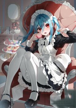 1girl apron armchair back_bow black_dress black_shoes blue_hair blush book bow bowtie chair collared_dress commentary_request contrast_collar double-parted_bangs dress feet_up flower flower_request food food_request frilled_apron frilled_dress frills fruit full_body hair_between_eyes hand_in_own_hair hands_up head_tilt highres holding holding_food huge_bow indoors juliet_sleeves light_particles long_hair long_sleeves looking_at_viewer macaron maid maid_apron maid_day maid_headdress mirror murumuru_(pixiv51689952) on_chair open_mouth original pantyhose partial_commentary pink_flower puffy_sleeves raised_eyebrows red_eyes red_flower red_rose rose sandwich shoes sidelighting sidelocks sitting solo strawberry sunlight tiered_tray twintails vase watermark white_apron white_bow white_bowtie white_headdress white_pantyhose