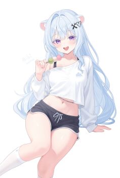 1girl absurdres animal_ears bare_shoulders bibixart black_shorts bra_strap breasts chain colored_eyelashes commentary crop_top crop_top_overhang dango dolphin_shorts drawstring english_commentary food hair_ornament hand_up heart heart_hair_ornament highres holding holding_food indie_virtual_youtuber kneehighs long_hair long_sleeves looking_at_viewer medium_breasts midriff mitsuvu navel off_shoulder open_mouth purple_eyes sanshoku_dango shirt short_shorts shorts simple_background smile socks solo stomach thighs very_long_hair virtual_youtuber wagashi white_background white_eyelashes white_hair white_shirt white_socks x_hair_ornament