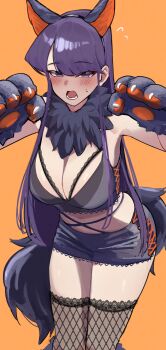 1girl animal_ears animal_hands ayatak0517 blush breasts commentary fake_animal_ears flying_sweatdrops fur_collar gloves hands_up highres komi-san_wa_komyushou_desu komi_shouko large_breasts leaning_forward long_hair looking_at_viewer lower_teeth_only miniskirt navel open_mouth orange_background paw_gloves purple_eyes purple_hair simple_background skirt solo swept_bangs tail teeth thighhighs thighs very_long_hair wolf_ears wolf_tail