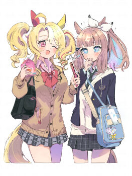 2girls absurdres ahoge almond_eye_(umamusume) alternate_costume alternate_hairstyle animal_ears black_bag black_jacket blazer blonde_hair blue_bag blue_eyes blue_hair blush bow bow_hairband bowtie brown_cardigan brown_tail cardigan cellphone colored_inner_hair commentary_request cross-shaped_pupils drink_carton flip_phone fusaichi_pandora_(umamusume) hairband highres holding holding_juice_box holding_phone hood hood_down hoodie horse_ears horse_girl horse_tail jacket juice_box kurumi_poke long_hair long_sleeves looking_at_viewer miniskirt mismatched_ear_covers multicolored_hair multiple_girls necktie one_eye_closed open_clothes open_jacket open_mouth phone pink_eyes plaid_clothes plaid_necktie plaid_skirt pleated_skirt ponytail red_bow red_bowtie school_uniform shirt simple_background skirt smile standing streaked_hair symbol-shaped_pupils tail twintails umamusume upper_body white_background white_hairband white_hoodie white_shirt white_streaks x-shaped_pupils yellow_tail