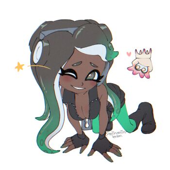 2girls all_fours ariamikukanzaki black_boots black_gloves black_hair black_vest boots breasts cleavage colored_extremities commentary crown dark-skinned_female dark_skin fingerless_gloves gloves gradient_hair green_eyes green_hair green_pants inkling large_breasts marina_(off_the_hook_outfit)_(splatoon) marina_(splatoon) multicolored_hair multiple_girls nintendo octoling one_eye_closed pants pearl_(splatoon) splatoon_(series) splatoon_2 star_(symbol) very_dark_skin vest zipper_pull_tab