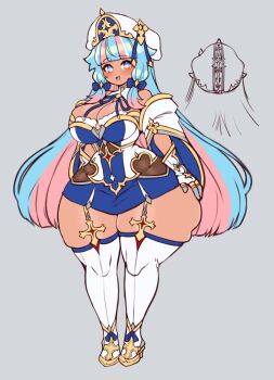 1girl 2021 alternate_costume arms_at_sides ass beret blue_bow blue_eyes blue_gloves blue_hair blue_shirt blue_skirt blue_trim boots bow breasts cleavage commentary cross curvy dark-skinned_female dark_skin detached_sleeves english_commentary female_focus fleur-de-lis from_above garter_straps gloves grey_background hair_bow hairdressing hat high_heel_boots high_heels highres jojobee large_breasts long_hair low-tied_sidelocks matching_hair/eyes mina_(jojobee) multicolored_eyes multicolored_hair multiple_views off_shoulder open_mouth original pink_eyes pink_hair shirt sidelocks simple_background skirt star-shaped_pupils star_(symbol) straight_hair streaked_hair symbol-shaped_pupils thick_thighs thigh_boots thighs two-tone_gloves two-tone_shirt very_long_hair white_boots white_gloves white_hat white_shirt wide_hips yellow_trim