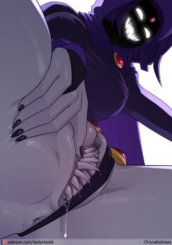 Rule 34 | 1girl, anus, artist name, ass, black leotard, black panties, breasts, cape, censored, chrysalisdraws, clitoris, colored pussy, colored skin, covered erect nipples, curvy, dc comics, fingernails, forehead jewel, from below, gem, glowing, glowing eyes, grey skin, hand on own thigh, highleg, highleg leotard, highres, image sample, knees out of frame, large breasts, leotard, looking at viewer, mosaic censoring, panties, patreon logo, patreon sample, patreon username, purple cape, purple hair, purple hood, pussy juice, raven (dc), red gem, shade, shaded face, sharp fingernails, sharp teeth, shiny skin, short hair, simple background, sleeved leotard, solo, spread pussy, spreading own pussy, teeth, thighs, thong leotard, underwear, vagina dentata, white background, white eyes, wide hips