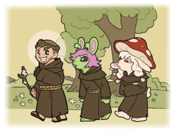 1boy absurdres alien animal_ears barefoot brown_facial_hair brown_hair brown_robe christian_mythology christianity facial_hair fantasy halo halo_behind_head highres long_sleeves looking_at_viewer mushroom_on_head outdoors rabbit_ears real_life robe rope_belt saint_francis_of_assisi sandals sheep_girl smile toffee_32 tonsure tree walking