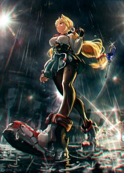 1girl absurdres alice_thymefield animal_ears belt black_gloves blonde_hair breasts brown_pantyhose chest_bow closed_mouth commentary dire_illus english_commentary ethereal_(zenless_zone_zero) fingerless_gloves from_below full_body gloves green_skirt hair_ornament hand_up highres large_breasts long_hair low_twintails motion_blur night night_sky pantyhose puddle rabbit_ears rabbit_girl rain shirt shirt_tucked_in shoes skirt sky solo sparkle sphere_hair_ornament sword throwing_weapon twintails twitter_username water_drop weapon white_shirt white_shoes yellow_eyes zenless_zone_zero