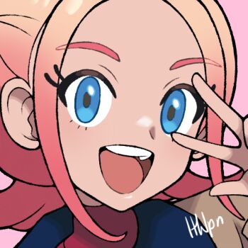 1girl :d blonde_hair blue_eyes brown_jacket gradient_hair inglebard jacket multicolored_hair nintendo open_mouth pink_background pink_hair pokemon pokemon_legends:_z-a profile_picture red_shirt shirt signature smile solo taunie_(pokemon) teeth turtleneck turtleneck_shirt upper_teeth_only v v_over_eye w