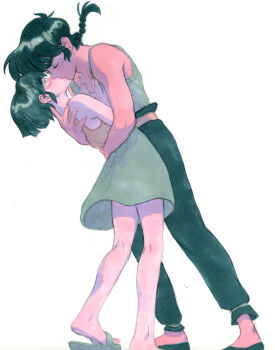 1boy 1girl bare_arms bare_legs black_hair blush bob_cut braid braided_ponytail closed_eyes couple feet_out_of_frame green_pants green_sandals green_shoes green_skirt green_tank_top hand_on_another&#039;s_back hand_on_another&#039;s_waist hands_on_another&#039;s_chest hetero hug kiss leaning_back pants ranma_1/2 rvsa sandals saotome_ranma shoes simple_background skirt surprised swept_bangs tank_top tendou_akane u_u watercolor_effect white_background wide-eyed yellow_tank_top