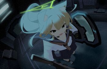 1girl absurdres animal_ears ballistic_shield blonde_hair blue_archive blue_sailor_collar blue_skirt commentary from_above fuyubone green_eyes green_halo gun halo headset highres holding holding_gun holding_shield holding_weapon kurumi_(blue_archive) long_hair looking_at_viewer neckerchief open_mouth red_neckerchief sailor_collar school_uniform serafuku shield skirt solo triangle_halo weapon