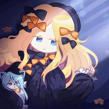 abigail_williams_(fate) abigail_williams_(fate)_(cosplay) abigail_williams_(first_ascension)_(fate) animal_ear_fluff animal_ears arm_up black_bow black_dress black_hat black_souls black_souls_2 blonde_hair blue_background blue_eyes blue_hair bow brown_flower colored_eyelashes commentary cosplay dress edith_liddell_(black_souls) english_commentary fate/grand_order fate_(series) faydee flower frills furry furry_male hat highres jack_(black_souls) light_particles light_rays lying orange_bow polka_dot polka_dot_bow purple_dress red_eyes signature wolf wolf_ears yellow_bow