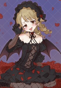 1girl @_@ absurdres bare_shoulders black_boots black_dress black_gloves blush boots breasts brown_eyes brown_hair brown_pantyhose choppy_bangs claw_pose collarbone commentary_request covered_navel dress drill_hair earrings fang fishnet_pantyhose fishnets full_body gloves hand_up highres idolmaster idolmaster_cinderella_girls jewelry layered_sleeves long_hair long_sleeves looking_at_viewer morikubo_nono okubatomaeba open_mouth pantyhose petals purple_background raised_eyebrow red_petals rose_petals short_dress short_over_long_sleeves short_sleeves sitting small_breasts smile solo stud_earrings tongue tongue_out yokozuwari