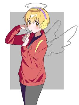 1boy blonde_hair cowboy_shot drink drinking_straw drinking_straw_in_mouth grey_pants hair_between_eyes halo hashtag-only_commentary headphones highres holding holding_drink hood hooded_jacket jacket kai_(shell) long_sleeves male_focus pants red_jacket root_(stpri) short_hair solo strawberry_prince white_halo wings