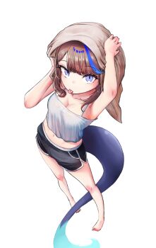 1girl absurdres airi_kanna armpits arms_up barefoot black_shorts blue_eyes breasts brown_hair camisole cleavage closed_mouth collarbone commentary contrapposto crop_top dolphin_shorts drying drying_hair foreshortening from_above full_body grey_camisole highres large_breasts looking_at_viewer looking_up midriff multicolored_hair navel parted_bangs short_shorts shorts simple_background spaghetti_strap sseonyu stellive streaked_hair symbol-only_commentary tail tongue tongue_out towel virtual_youtuber wet wet_hair white_background