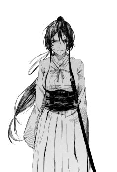 1girl breasts commentary english_commentary floating_hair greyscale hakama hakama_skirt highres japanese_clothes jigokuraku katana long_hair long_sleeves looking_at_viewer mazumaro medium_breasts monochrome obi ponytail sash sheath sheathed simple_background skirt sleeves_past_fingers sleeves_past_wrists solo sword v-shaped_eyebrows very_long_hair weapon white_background yamada_asaemon_sagiri