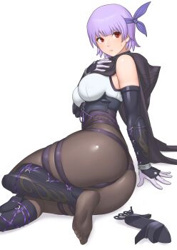 1girl arm_guards armor ass ayane_(doa) bare_shoulders black_pantyhose blush bodysuit breasts closed_mouth dead_or_alive dead_or_alive_6 elbow_gloves feet female_focus frown gloves highres hood hood_down medium_breasts ninja pantyhose purple_hair red_eyes shigenobu shoes sitting soles solo sweat thigh_strap toes unworn_shoe unworn_shoes white_background