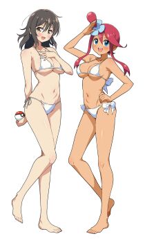 2girls :d absurdres armpit_crease asuka_(senran_kagura) barefoot bikini black_hair blue_eyes blush body_blush bow breasts brown_eyes cleavage collarbone commentary_request commission eggman_(ni_tamagoex) full_body groin hair_between_eyes hair_down hair_ornament hand_on_own_chest hand_on_own_hip highres holding holding_poke_ball large_breasts looking_at_viewer medium_breasts medium_hair micro_bikini multiple_girls navel nintendo one_side_up open_mouth poke_ball poke_ball_(basic) pokemon pokemon_bw red_eyes red_hair salute senran_kagura senran_kagura_shoujo-tachi_no_shin'ei shiny_skin short_hair_with_long_locks side-tie_bikini_bottom simple_background skeb_commission skindentation skyla_(pokemon) smile stomach string_bikini swept_bangs swimsuit tan teeth underboob upper_teeth_only white_background white_bikini white_bow