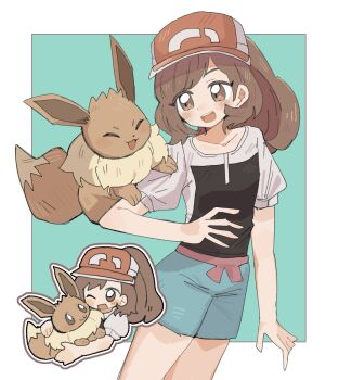 :d ;d blue_background blue_shorts blush border brown_eyes brown_hair chibi chibi_inset eevee elaine_(pokemon) gen_1_pokemon han0579 hat highres holding holding_pokemon looking_at_another multiple_views nintendo one_eye_closed open_mouth outside_border pokemon pokemon_(creature) pokemon_lgpe pokemon_on_arm ponytail red_hat shirt short_sleeves shorts smile teeth upper_teeth_only white_border