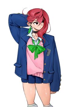 1girl arm_behind_head arm_up ayase_momo black_choker black_eyes blue_jacket blue_skirt bow bowtie brown_hair choker closed_mouth collarbone collared_shirt dandadan earrings feet_out_of_frame floating_earrings green_bow green_bowtie hair_behind_ear hair_between_eyes jacket jewelry kami_high_school_uniform long_sleeves looking_to_the_side loose_bowtie medium_hair miniskirt official_alternate_costume open_clothes open_jacket pink_sweater pleated_skirt school_uniform shirt skirt sleeves_past_wrists socks solo standing sweater thighs white_background white_shirt white_socks y8brass
