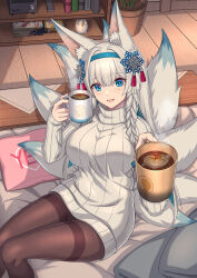 Rule 34 | 1girl, animal ear fluff, animal ears, black pantyhose, blue eyes, braid, breasts, clover theater, coffee, cup, fox ears, fox girl, fox tail, heart, highres, holding, holding cup, indoors, katsuya (clover theater), large breasts, long hair, looking at viewer, multiple tails, nairobi song, on bed, open mouth, pantyhose, pointy ears, ribbed sweater, sidelocks, sitting, smile, solo, steam, sweater, tail, twin braids, white hair, white sweater, white tail, yes, yes-no pillow