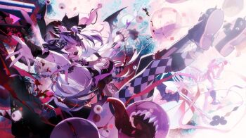 1girl balloon bat_wings black_boots black_leotard black_streaks boots breasts cleavage cleavage_cutout clothing_cutout commentary commission disembodied_eye english_commentary eyeball face_piercing full_body hair_sprinkles half-closed_eyes hat heart_cutout heterochromia highres indie_virtual_youtuber jester_cap labret_piercing large_breasts leotard long_hair long_tongue looking_at_viewer multicolored_hair nomu_(29_nom) open_mouth piercing pink_eyes purple_eyes purple_hair purple_thighhighs second-party_source sharp_teeth smile solo spiked_boots spikes sprinkle_hershy sprinkles stitched_arm stitches streaked_hair swept_bangs teardrop_facial_mark teeth thighhighs tongue tongue_out torn_wings two_side_up virtual_youtuber wings