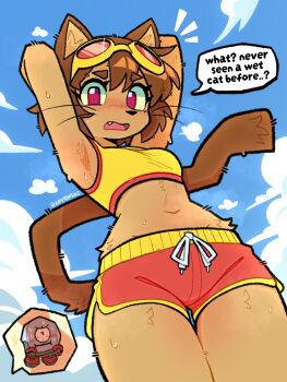 1girl animal_ears animal_nose armpits brown_hair cat_ears cat_girl cat_tail cloud commentary english_commentary eyewear_on_head fang furry furry_female gameoverse goggles highres jayrnski kit_bodega navel open_mouth shorts sky speech_bubble tail