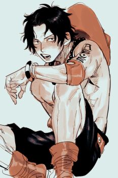 1boy arm_tattoo black_hair body_freckles boots bracelet chanko_neru commentary_request elbow_pads freckles hat jewelry male_focus necklace one_piece open_mouth orange_hat pearl_necklace portgas_d._ace short_hair shorts shoulder_freckles single_elbow_pad sitting solo tattoo topless_male