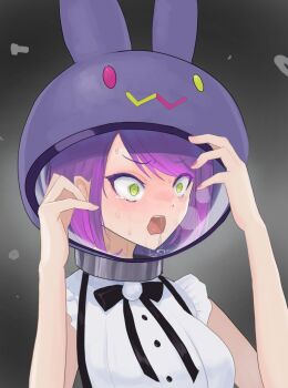 1girl arms_up asphyxiation bibi_(tokoyami_towa) blush breath buttons commentary_request dress_shirt fingernails frilled_shirt frills gradient_background green_eyes grey_background helmet hololive open_mouth purple_hair raftetram ribbon saliva shirt simple_background sleeveless solo sweat tearing_up tokoyami_towa upper_body virtual_youtuber wide-eyed