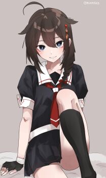 1girl ahoge black_hair black_serafuku black_shirt black_skirt black_socks blue_eyes braid commentary_request gradient_background grey_background hair_flaps hair_over_shoulder highres kantai_collection long_hair miron_(mirona33) neckerchief pleated_skirt red_neckerchief sailor_collar sailor_shirt school_uniform serafuku shigure_(kancolle) shigure_kai_ni_(kancolle) shirt single_braid skirt socks solo white_sailor_collar