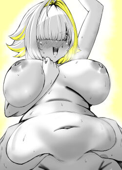 1girl @_@ absurdres arm_up artist_name blonde_hair blush breasts breasts_apart commentary elegg_(nikke) english_commentary eyes_visible_through_hair fang goddess_of_victory:_nikke hair_intakes hair_over_eyes highres large_breasts long_bangs medium_hair navel nipples nude open_mouth ophis_(scaith) partially_colored pinching_another's_belly plump revision simple_background solo_focus sweat twitter_username upper_body yellow_background