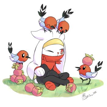 1other ^_^ animal_feet animal_hands animal_nose artist_name berry_(pokemon) bird black_eyes black_fur body_fur bright_pupils closed_eyes covered_mouth eye_contact fletchling food food_on_head fruit full_body gen_6_pokemon gen_8_pokemon grass highres indian_style j.jama jitome long_animal_ears looking_at_another magost_berry multicolored_fur nintendo object_on_head on_ground on_head one_eye_closed other_focus pokemon pokemon_(creature) pokemon_on_head rabbit_ears rabbit_tail raboot red_eyes red_fur short_tail signature sitting sweat tail white_background white_fur white_pupils