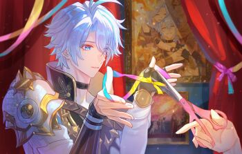 Rule 34 | 1boy, armor, belt, black choker, black gloves, blue eyes, character request, choker, coat, crossed bangs, fingerless gloves, fingernails, gloves, grey hair, hair between eyes, highres, honkai: star rail, honkai (series), indoors, male focus, neck tattoo, painting (object), parted bangs, parted lips, pauldrons, phainon (honkai: star rail), short hair, shoulder armor, single glove, single pauldron, solo focus, tanemaki monaka, tattoo, teeth, white coat, yellow pupils