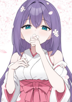 1girl binsen cherry_blossoms commentary_request flower flower_over_mouth green_eyes highres holding holding_flower idolmaster idolmaster_million_live! japanese_clothes kimono long_hair looking_at_viewer mochizuki_anna pink_sash purple_hair sash solo upper_body white_kimono