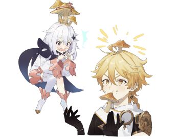 1boy 1girl aether_(genshin_impact) bad_id bad_twitter_id black_gloves blonde_hair blush boots dress earrings eating food food_on_face genshin_impact gloves hair_ornament halo highres jewelry long_hair mushroom mushroom_on_head open_mouth orange_eyes paimon_(genshin_impact) poi_poifu romper simple_background single_earring single_thighhigh sweat thighhighs white_background white_dress white_footwear white_romper white_thighhighs