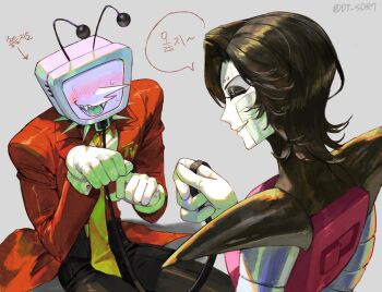 2boys ant_tenna black_hair black_pants blush closed_eyes collar collared_shirt crt deltarune dt_sdr7 fangs gloves grey_background holding holding_leash korean_commentary leash long_nose male_focus mettaton mettaton_ex multiple_boys necktie object_head pants paw_pose pointy_nose radio_antenna shadow shirt short_hair smile spiked_collar spikes sweat tailcoat teeth twitter_username undertale utdr_(toby_fox) white_gloves white_shirt yaoi yellow_necktie
